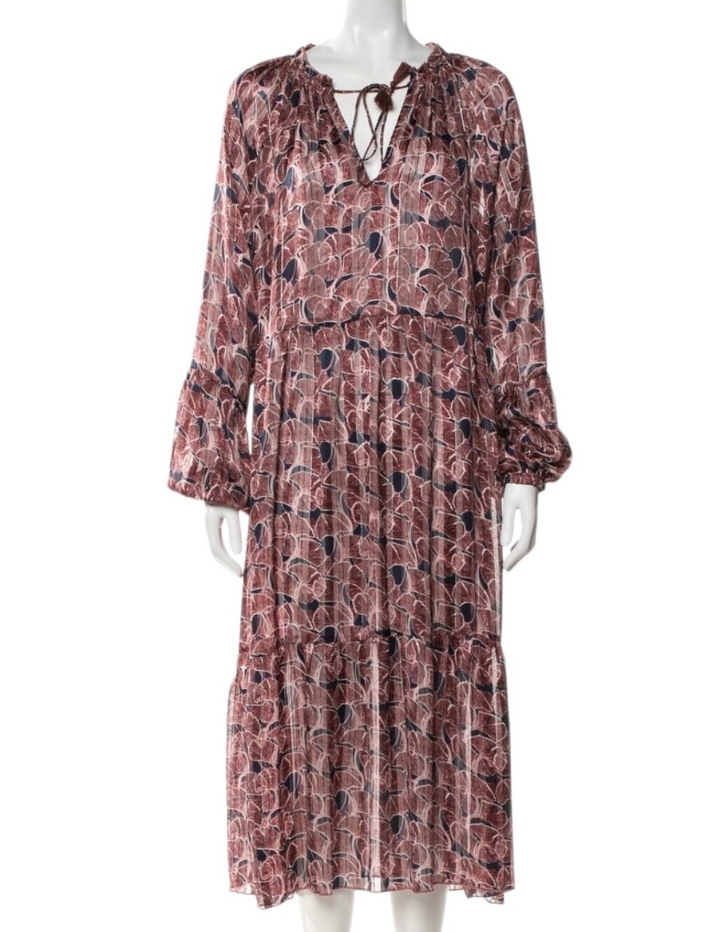 Ilse Jacobsen Gingko Leaf Pattern Sheer Midi Dress w Metallic Thread Size 42